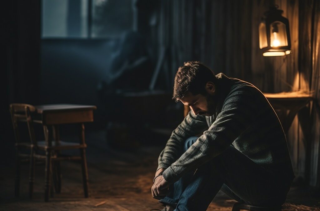 A man sitting on a stool, head bowed, and hands clasped as if in contemplation or prayer